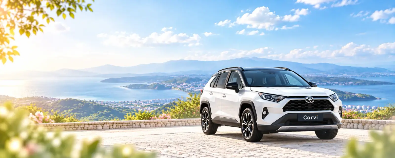 SUV blanca de Carvi estacionada en un mirador frente al mar en El Salvador